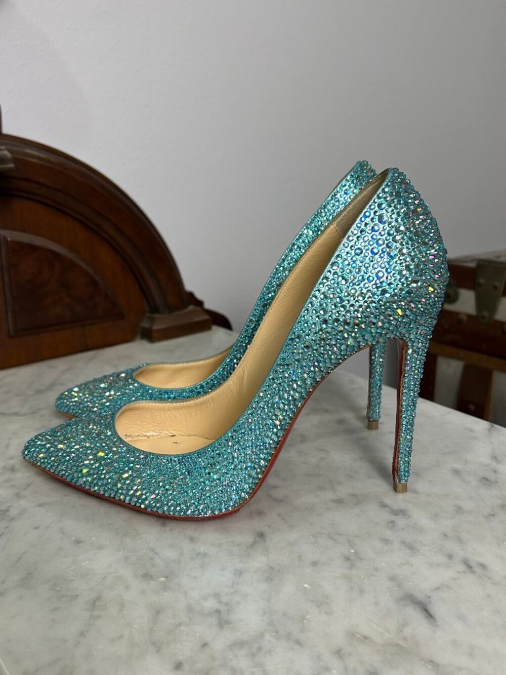 Christian Louboutin Pigalle Follies 100 Custom Aquamarine AB Strass Size 37
